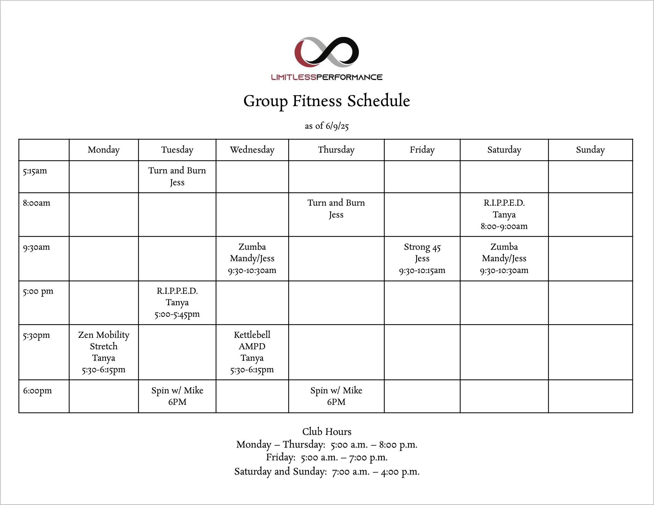 Group Fitness Schedule